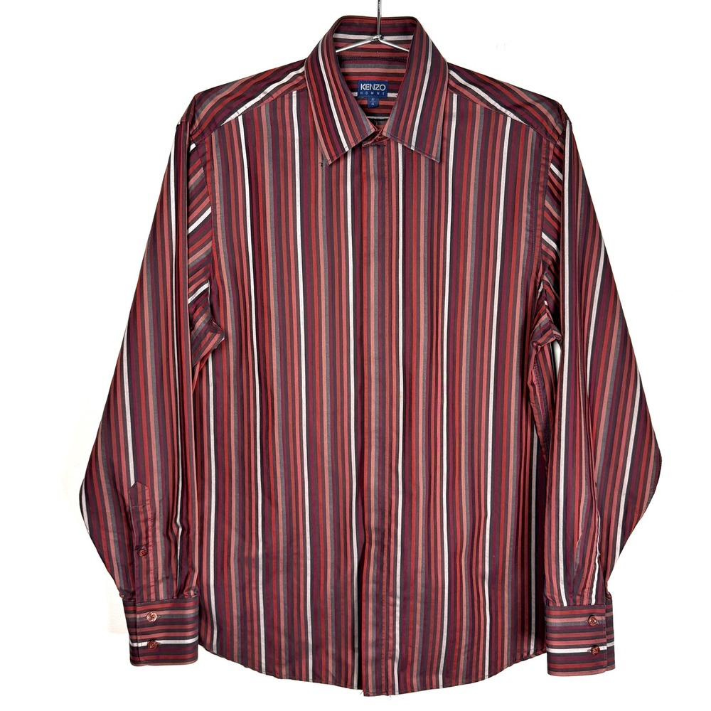 KENZO HOMME Sz 16 Burgundy Red White‎ Stripe Dress Shirt Long Sleeve Button Up